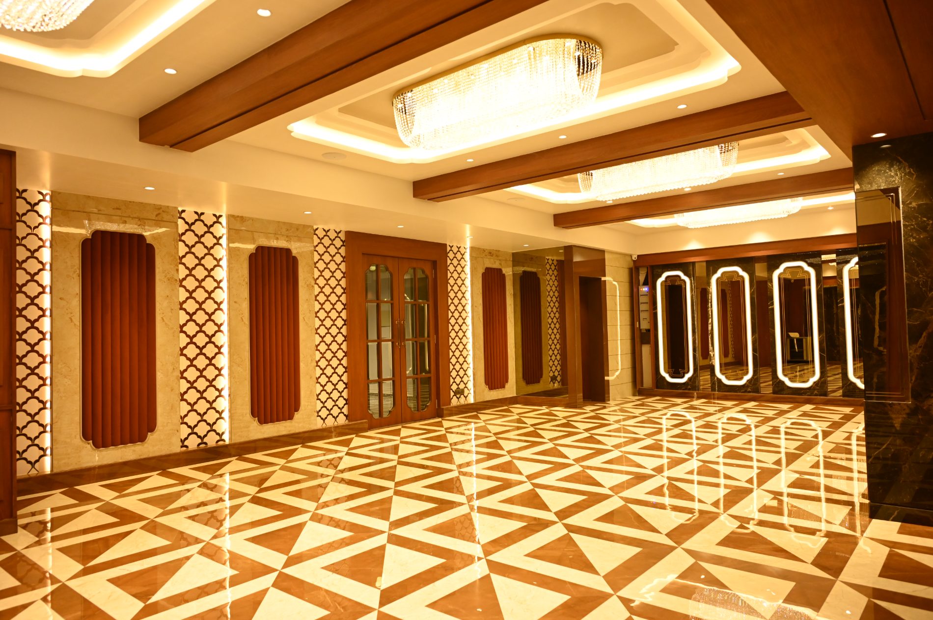 Anantha banquet hall interiors with crystal chandeliers, Mira Road East
