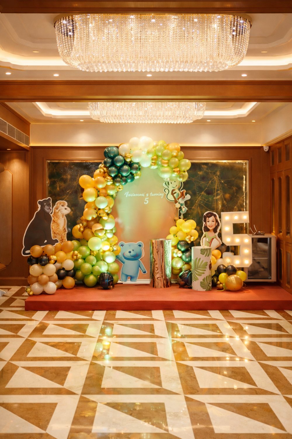 Wedding mandap with floral drapes in the Anantha banquet hall, Mira Road East