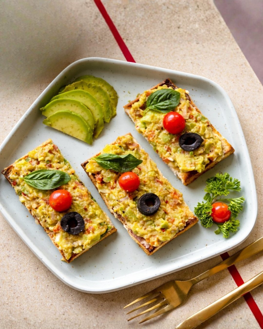 Avocado toast with cherry tomato and basil at Anantha Veg World