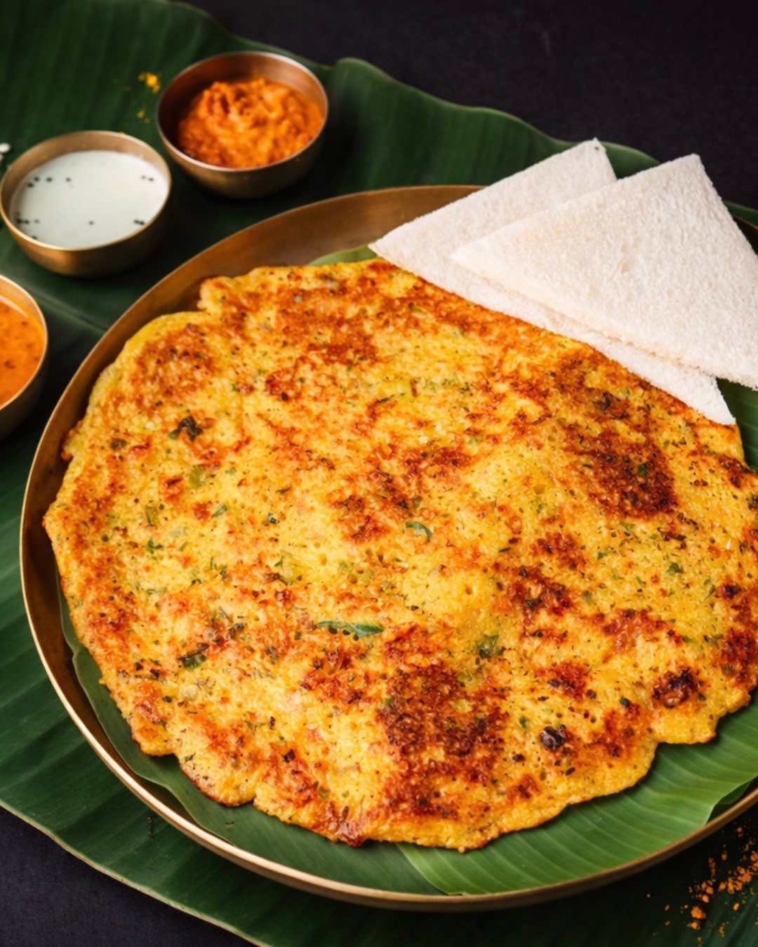 Tomato omelette with chutney and bread on banana leaf at Anantha Veg World, Mira Road